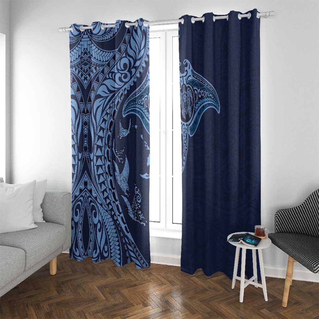 Hawaiian Manta Ray and Polynesian Tribal Tattoo Window Curtain Dark Navy Color LT03 With Grommets Dark Navy - Polynesian Pride