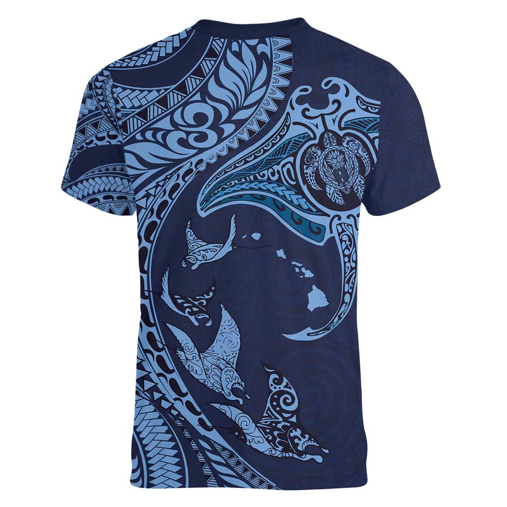 Hawaiian Manta Ray and Polynesian Tribal Tattoo Women V-Neck T-Shirt Dark Navy Color LT03