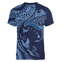 Hawaiian Manta Ray and Polynesian Tribal Tattoo Women V-Neck T-Shirt Dark Navy Color LT03
