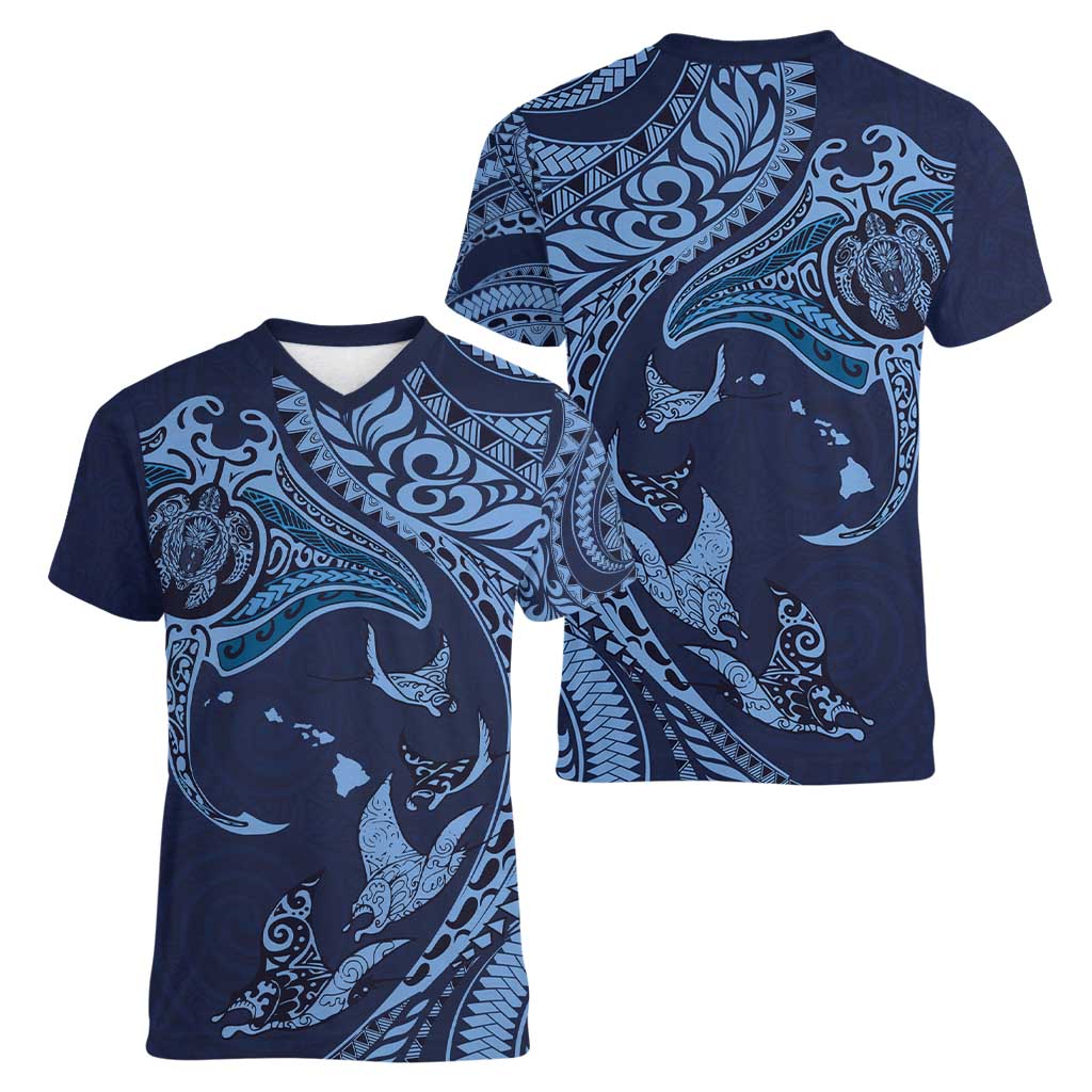 Hawaiian Manta Ray and Polynesian Tribal Tattoo Women V-Neck T-Shirt Dark Navy Color LT03