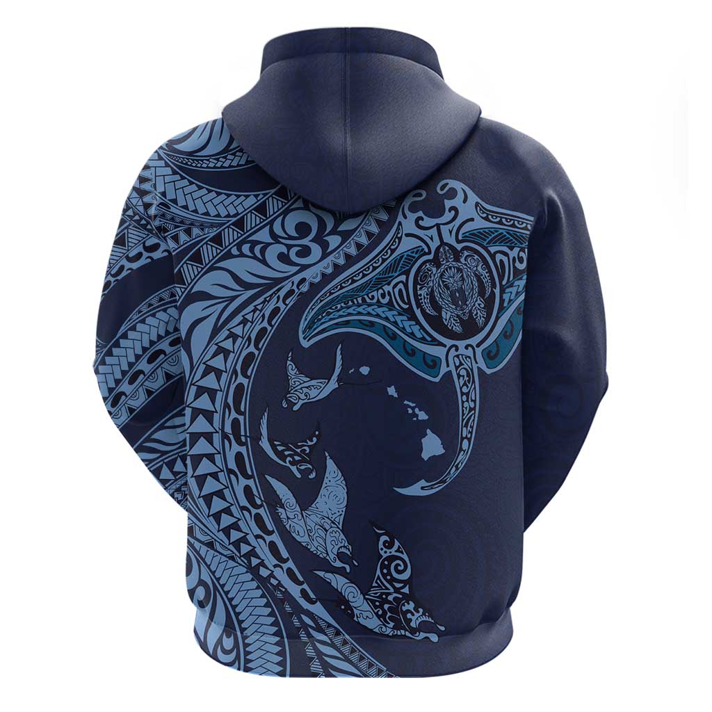 Hawaiian Manta Ray and Polynesian Tribal Tattoo Zip Hoodie Dark Navy Color LT03