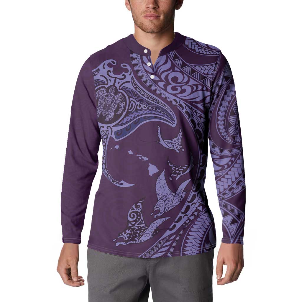 Hawaiian Manta Ray and Polynesian Tribal Tattoo Button Sweatshirt Purple Color LT03 - Polynesian Pride