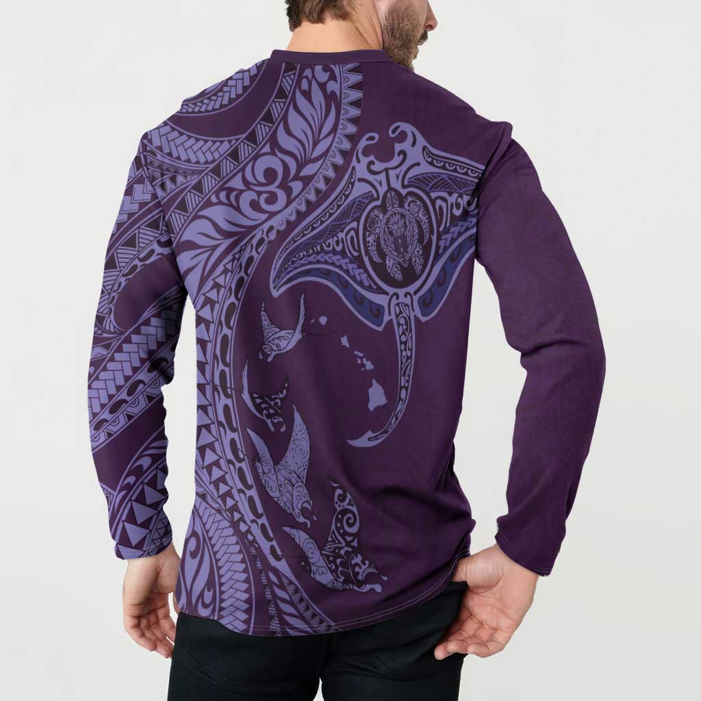 Hawaiian Manta Ray and Polynesian Tribal Tattoo Button Sweatshirt Purple Color LT03 - Polynesian Pride