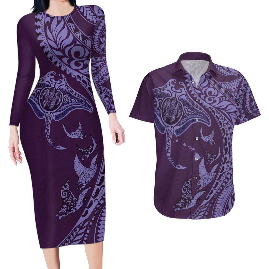 Hawaiian Manta Ray and Polynesian Tribal Tattoo Couples Matching Long Sleeve Bodycon Dress and Hawaiian Shirt Purple Color LT03