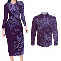 Hawaiian Manta Ray and Polynesian Tribal Tattoo Couples Matching Long Sleeve Bodycon Dress and Long Sleeve Button Shirt Purple Color LT03 Purple - Polynesian Pride