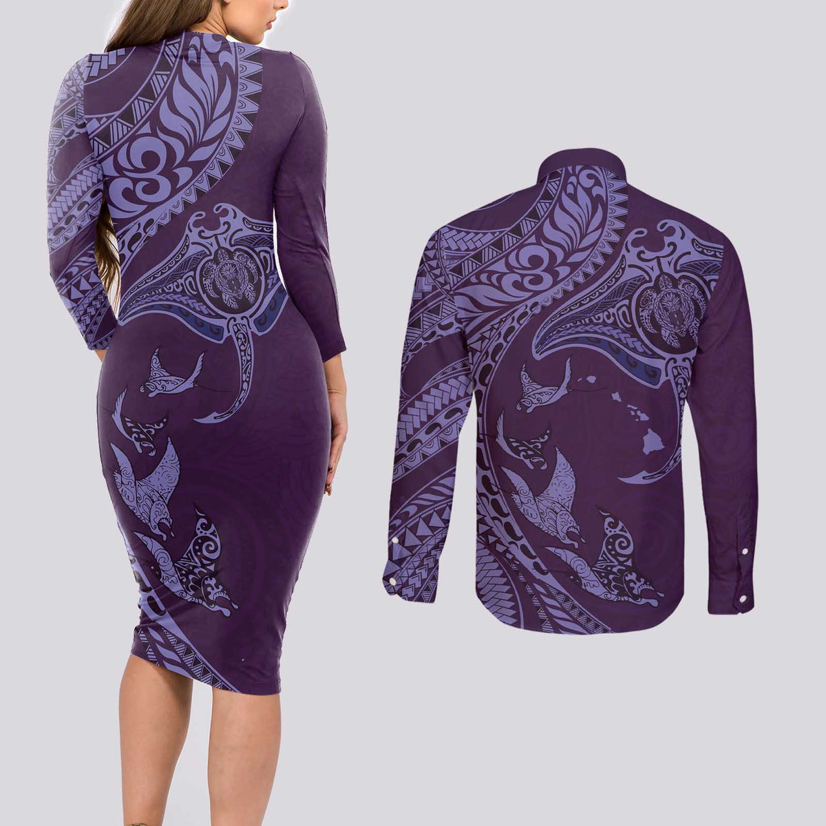 Hawaiian Manta Ray and Polynesian Tribal Tattoo Couples Matching Long Sleeve Bodycon Dress and Long Sleeve Button Shirt Purple Color LT03 - Polynesian Pride