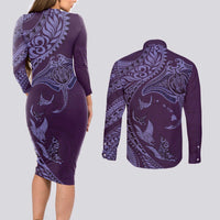 Hawaiian Manta Ray and Polynesian Tribal Tattoo Couples Matching Long Sleeve Bodycon Dress and Long Sleeve Button Shirt Purple Color LT03 - Polynesian Pride
