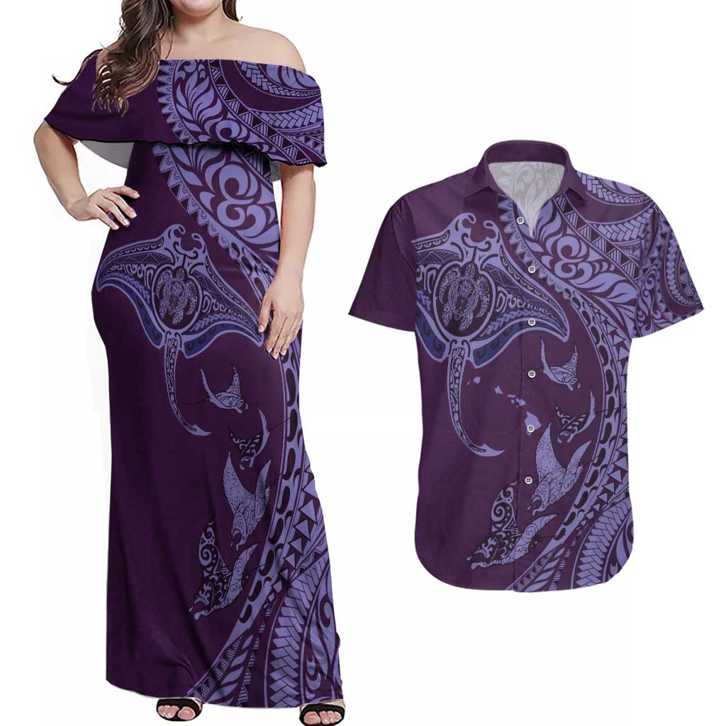 Hawaiian Manta Ray and Polynesian Tribal Tattoo Couples Matching Off Shoulder Maxi Dress and Hawaiian Shirt Purple Color LT03