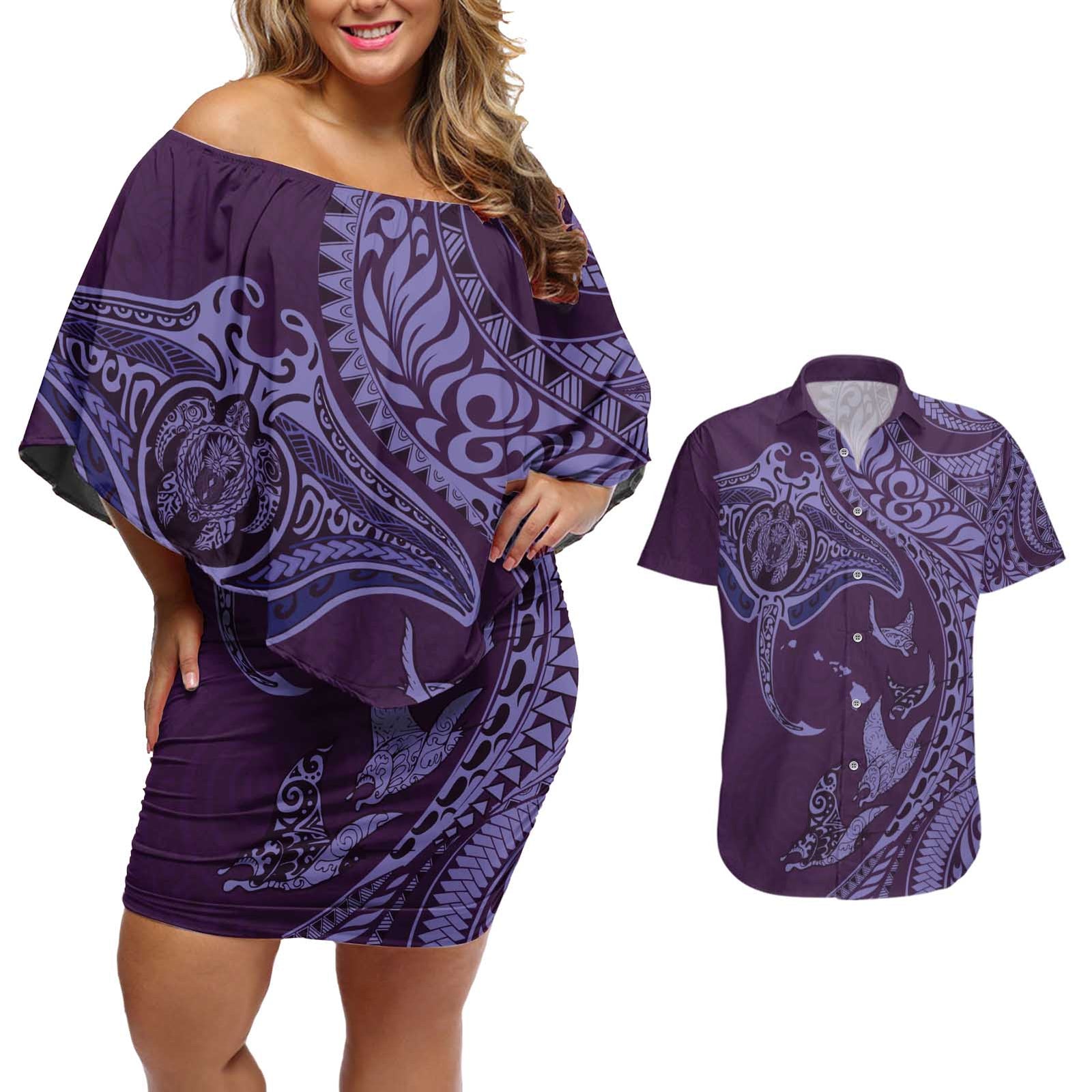 Hawaiian Manta Ray and Polynesian Tribal Tattoo Couples Matching Off Shoulder Short Dress and Hawaiian Shirt Purple Color LT03 Purple - Polynesian Pride