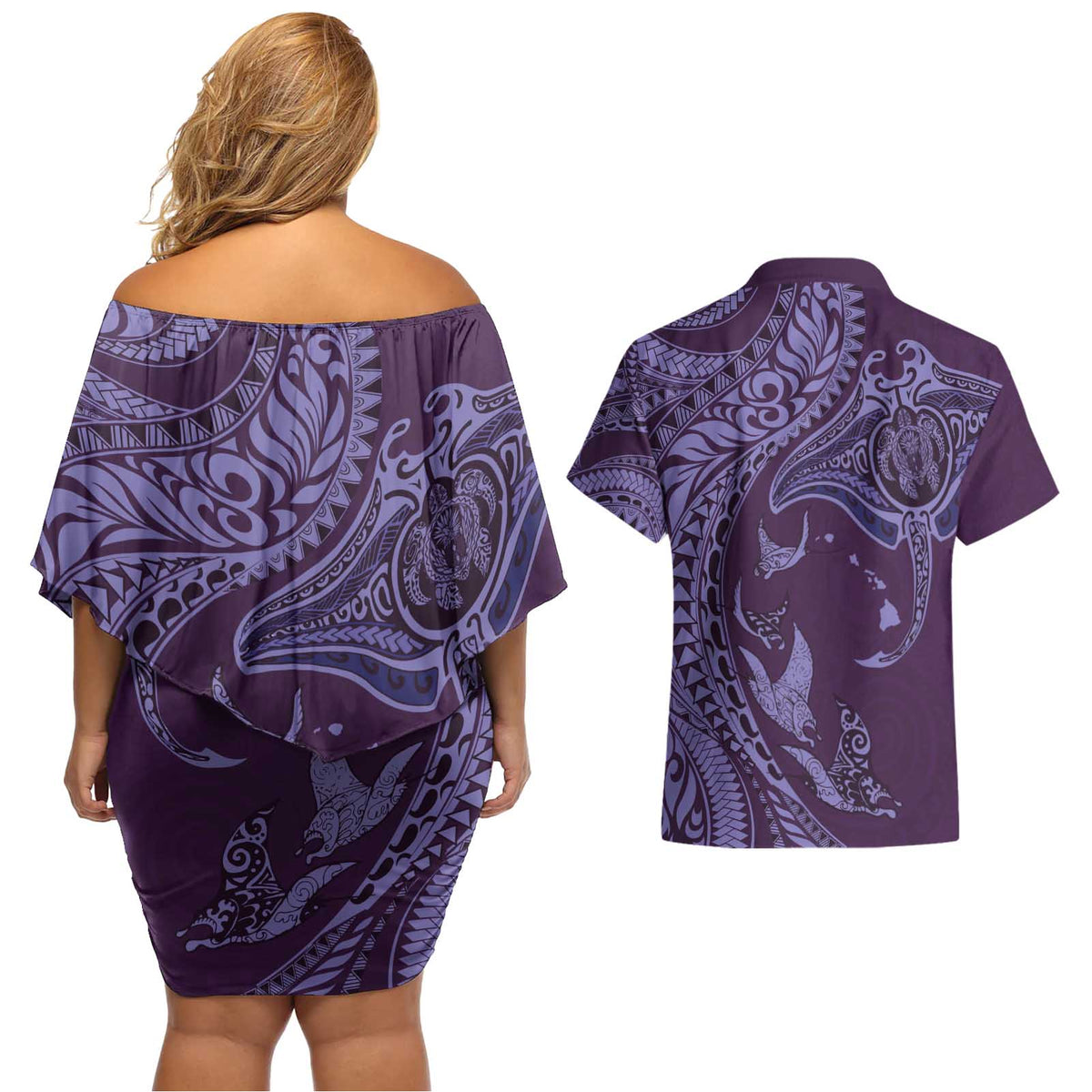 Hawaiian Manta Ray and Polynesian Tribal Tattoo Couples Matching Off Shoulder Short Dress and Hawaiian Shirt Purple Color LT03 - Polynesian Pride