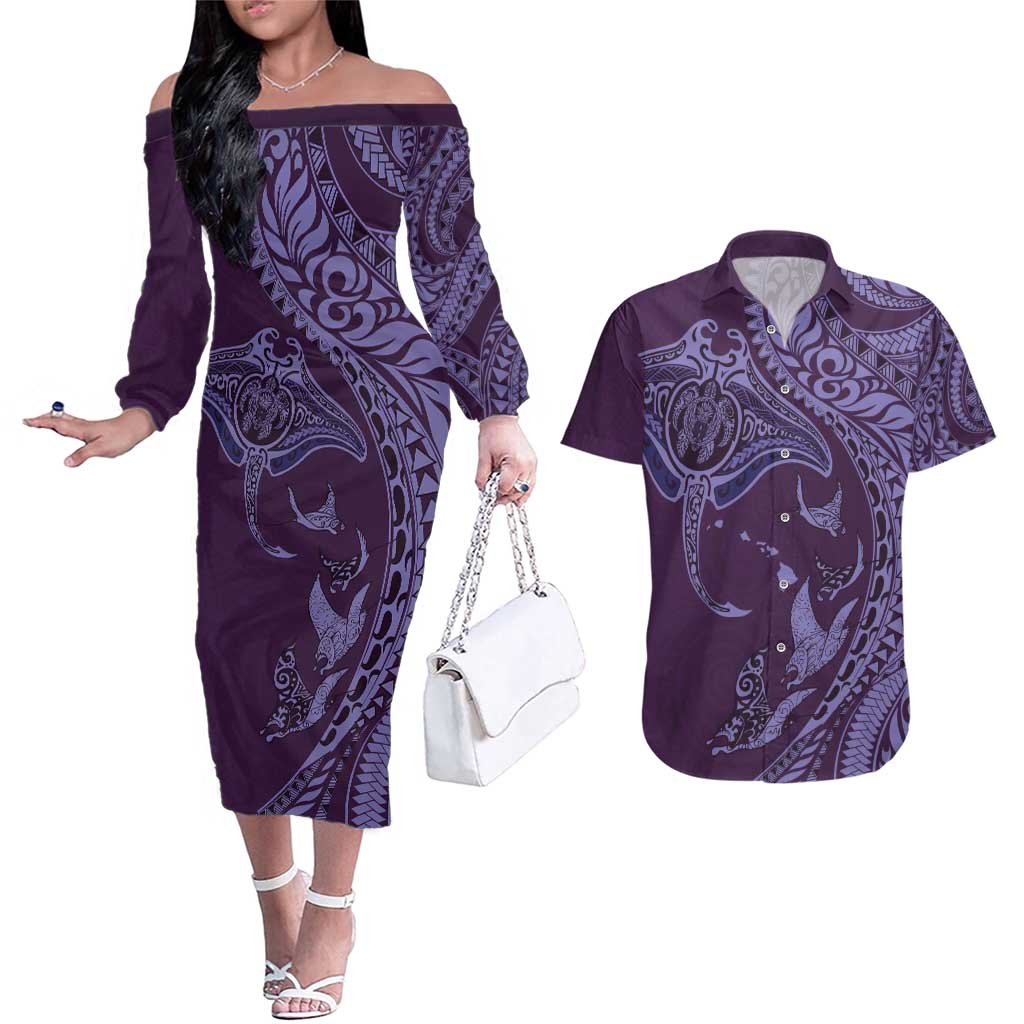 Hawaiian Manta Ray and Polynesian Tribal Tattoo Couples Matching Off The Shoulder Long Sleeve Dress and Hawaiian Shirt Purple Color LT03 Purple - Polynesian Pride