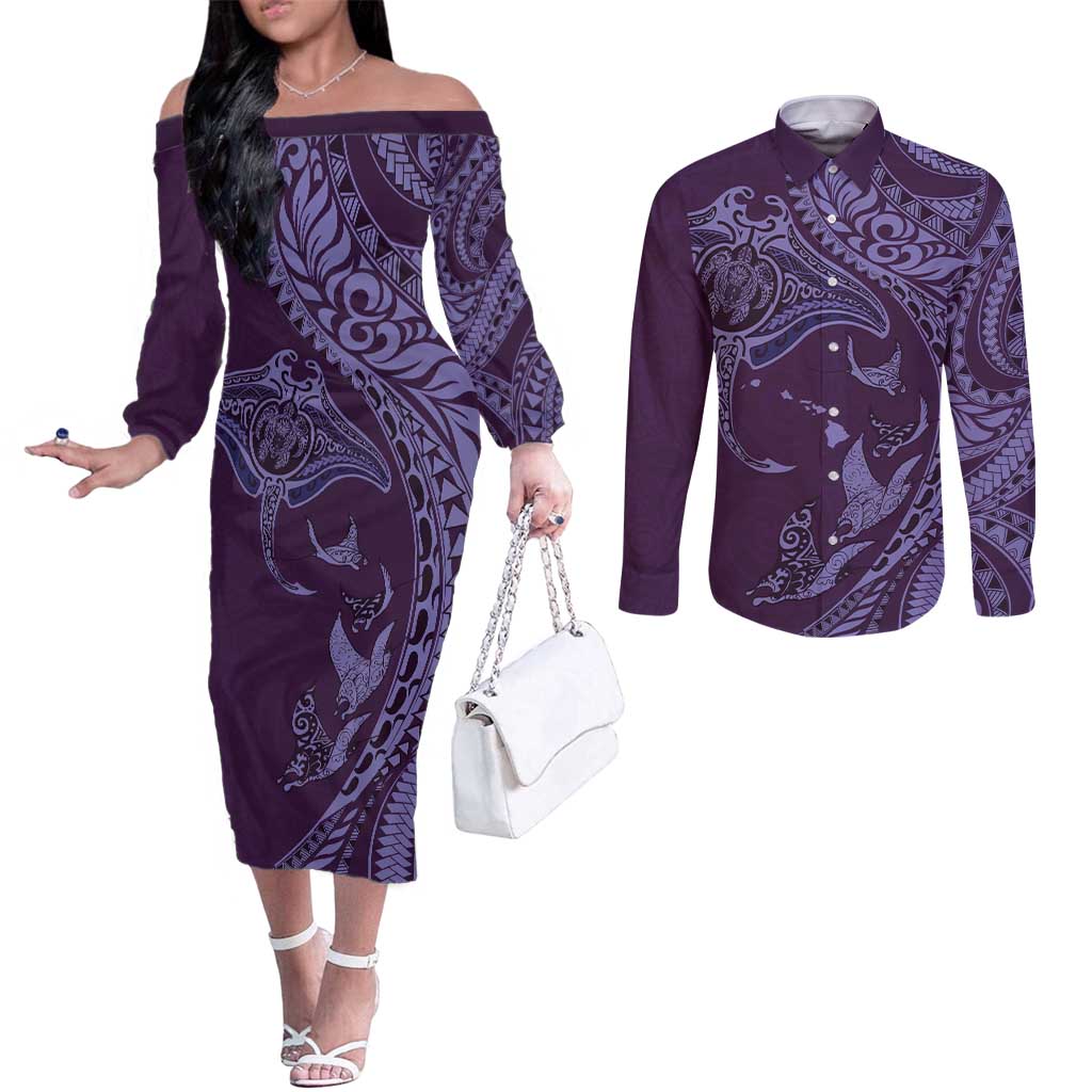 Hawaiian Manta Ray and Polynesian Tribal Tattoo Couples Matching Off The Shoulder Long Sleeve Dress and Long Sleeve Button Shirt Purple Color LT03 Purple - Polynesian Pride
