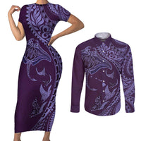 Hawaiian Manta Ray and Polynesian Tribal Tattoo Couples Matching Short Sleeve Bodycon Dress and Long Sleeve Button Shirt Purple Color LT03 Purple - Polynesian Pride