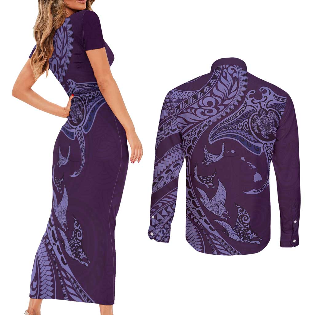 Hawaiian Manta Ray and Polynesian Tribal Tattoo Couples Matching Short Sleeve Bodycon Dress and Long Sleeve Button Shirt Purple Color LT03 - Polynesian Pride