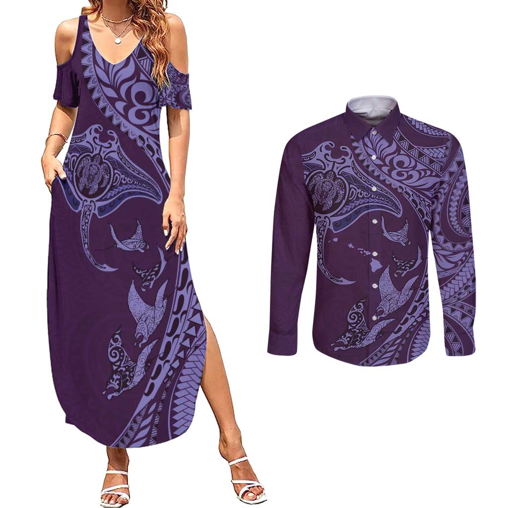 Hawaiian Manta Ray and Polynesian Tribal Tattoo Couples Matching Summer Maxi Dress and Long Sleeve Button Shirt Purple Color LT03 Purple - Polynesian Pride