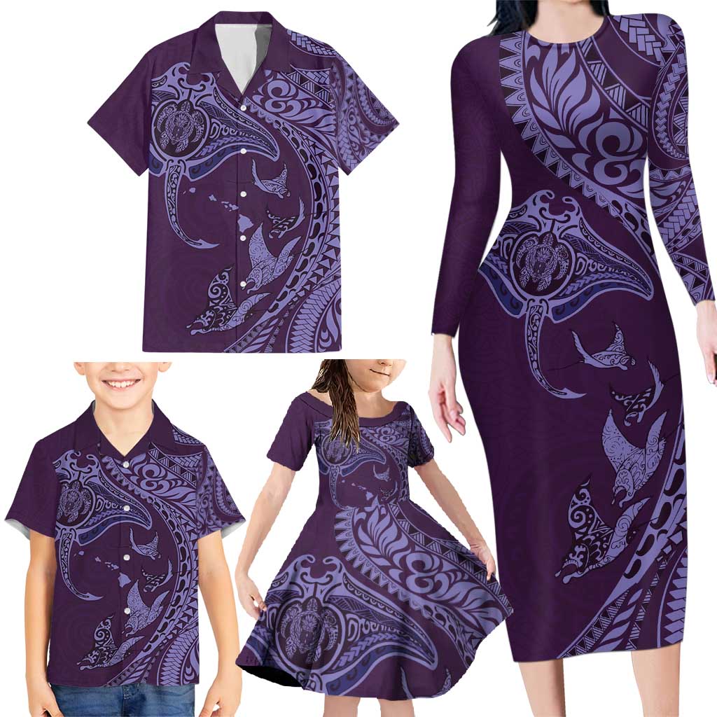 Hawaiian Manta Ray and Polynesian Tribal Tattoo Family Matching Long Sleeve Bodycon Dress and Hawaiian Shirt Purple Color LT03