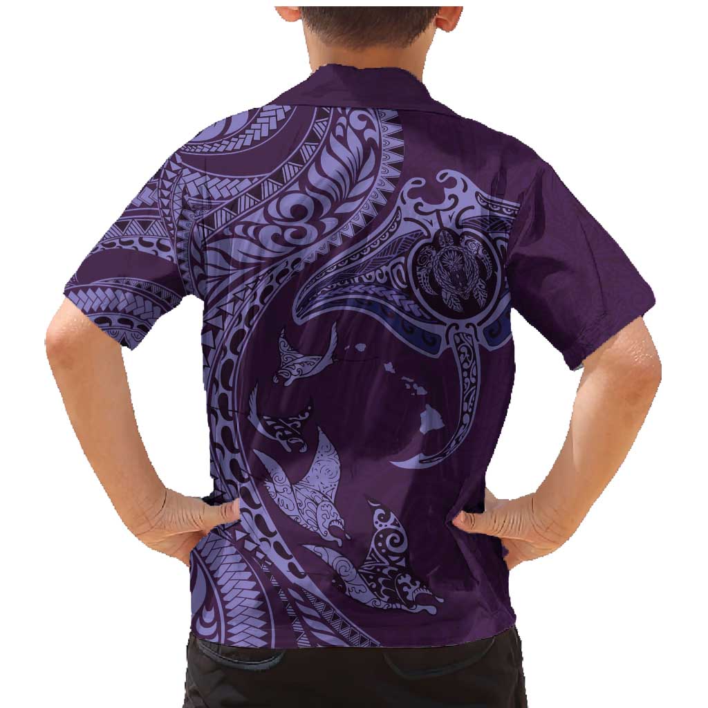 Hawaiian Manta Ray and Polynesian Tribal Tattoo Family Matching Mermaid Dress and Hawaiian Shirt Purple Color LT03
