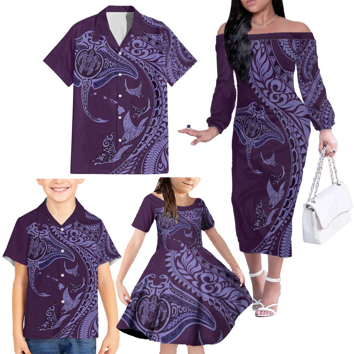 Hawaiian Manta Ray and Polynesian Tribal Tattoo Family Matching Off The Shoulder Long Sleeve Dress and Hawaiian Shirt Purple Color LT03