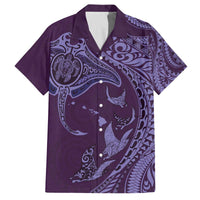 Hawaiian Manta Ray and Polynesian Tribal Tattoo Family Matching Off The Shoulder Long Sleeve Dress and Hawaiian Shirt Purple Color LT03