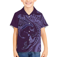 Hawaiian Manta Ray and Polynesian Tribal Tattoo Family Matching Off The Shoulder Long Sleeve Dress and Hawaiian Shirt Purple Color LT03