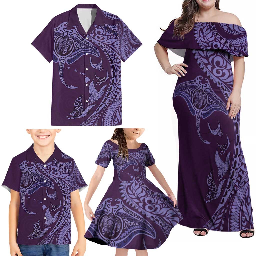 Hawaiian Manta Ray and Polynesian Tribal Tattoo Family Matching Off Shoulder Maxi Dress and Hawaiian Shirt Purple Color LT03