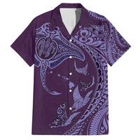 Hawaiian Manta Ray and Polynesian Tribal Tattoo Family Matching Off Shoulder Maxi Dress and Hawaiian Shirt Purple Color LT03