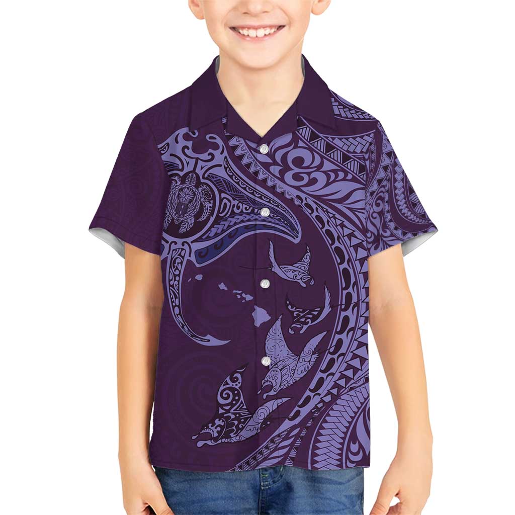 Hawaiian Manta Ray and Polynesian Tribal Tattoo Family Matching Off Shoulder Maxi Dress and Hawaiian Shirt Purple Color LT03