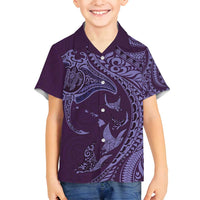 Hawaiian Manta Ray and Polynesian Tribal Tattoo Family Matching Off Shoulder Maxi Dress and Hawaiian Shirt Purple Color LT03