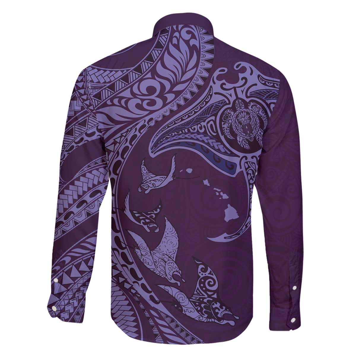 Hawaiian Manta Ray and Polynesian Tribal Tattoo Family Matching Off Shoulder Short Dress and Hawaiian Shirt Purple Color LT03