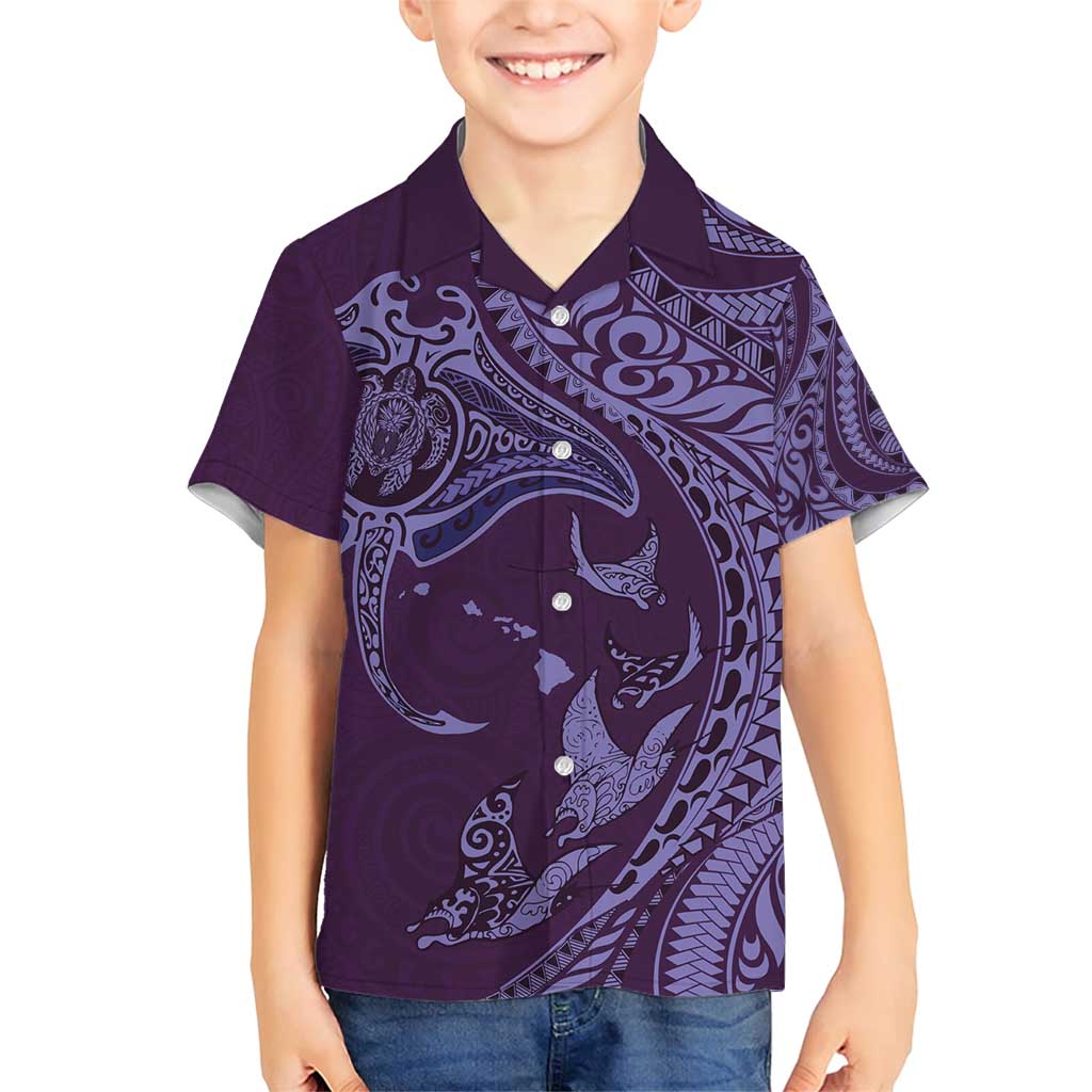 Hawaiian Manta Ray and Polynesian Tribal Tattoo Family Matching Short Sleeve Bodycon Dress and Hawaiian Shirt Purple Color LT03