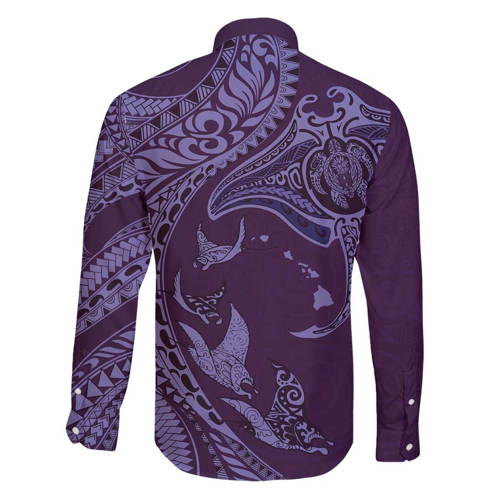Hawaiian Manta Ray and Polynesian Tribal Tattoo Family Matching Summer Maxi Dress and Hawaiian Shirt Purple Color LT03
