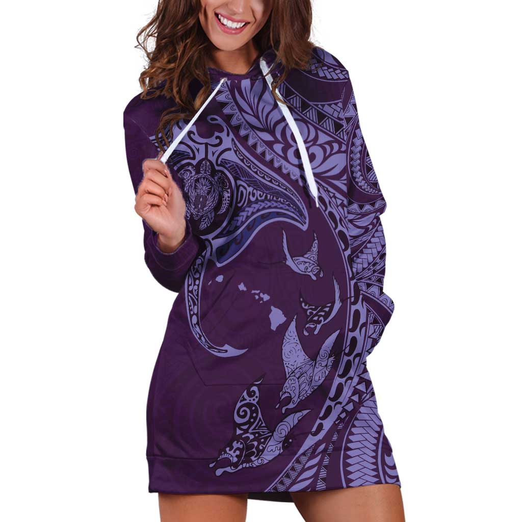 Hawaiian Manta Ray and Polynesian Tribal Tattoo Hoodie Dress Purple Color LT03