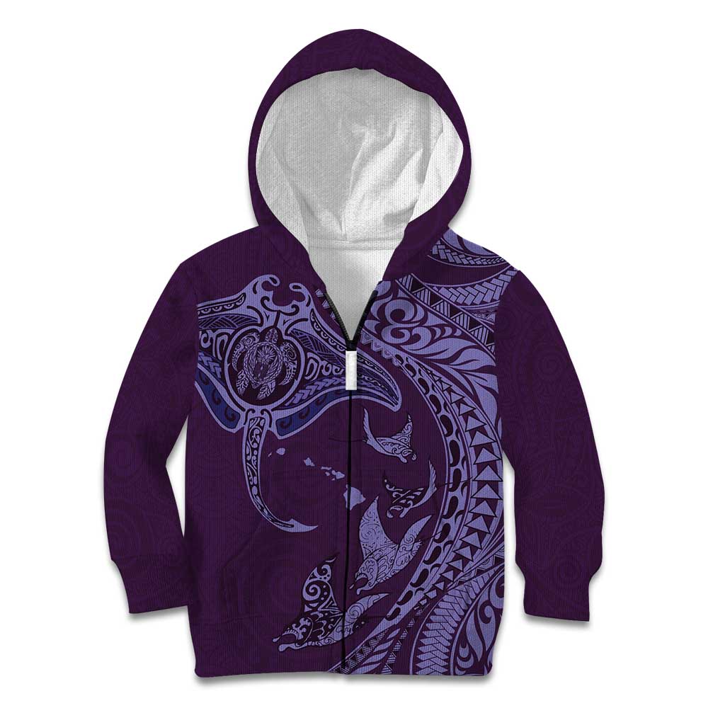Hawaiian Manta Ray and Polynesian Tribal Tattoo Kid Hoodie Purple Color LT03