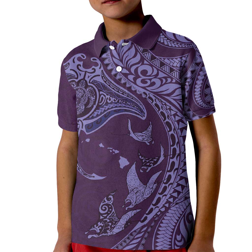 Hawaiian Manta Ray and Polynesian Tribal Tattoo Kid Polo Shirt Purple Color LT03