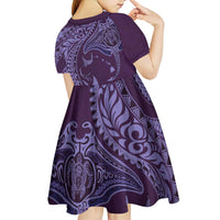 Hawaiian Manta Ray and Polynesian Tribal Tattoo Kid Short Sleeve Dress Purple Color LT03