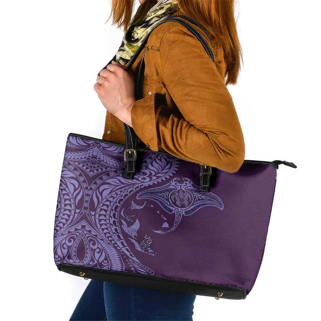 Hawaiian Manta Ray and Polynesian Tribal Tattoo Leather Tote Bag Purple Color LT03