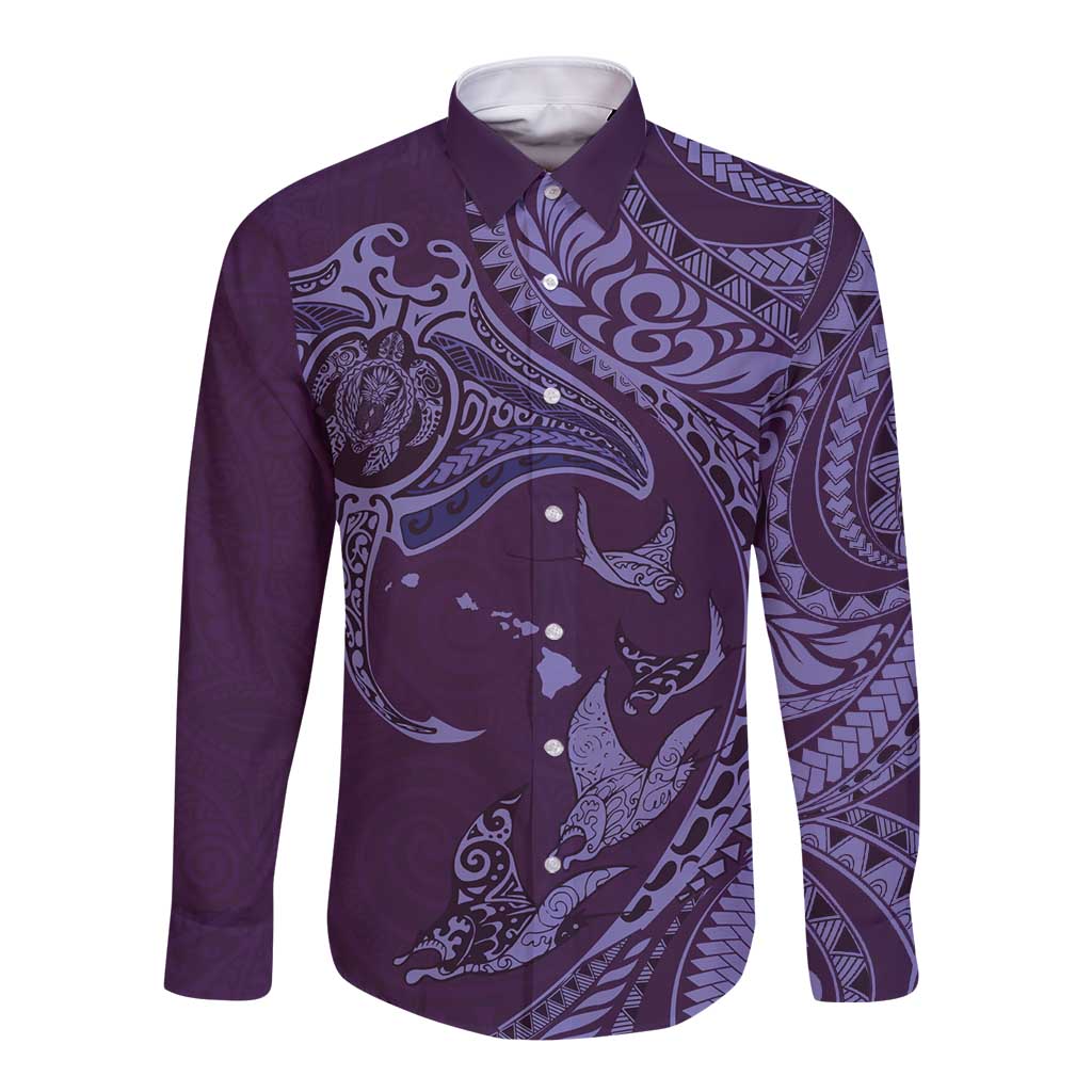 Hawaiian Manta Ray and Polynesian Tribal Tattoo Long Sleeve Button Shirt Purple Color LT03