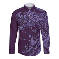 Hawaiian Manta Ray and Polynesian Tribal Tattoo Long Sleeve Button Shirt Purple Color LT03 Unisex Purple - Polynesian Pride