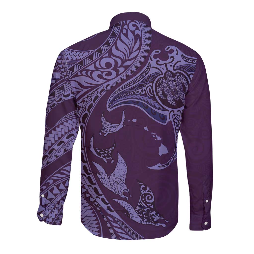 Hawaiian Manta Ray and Polynesian Tribal Tattoo Long Sleeve Button Shirt Purple Color LT03 - Polynesian Pride