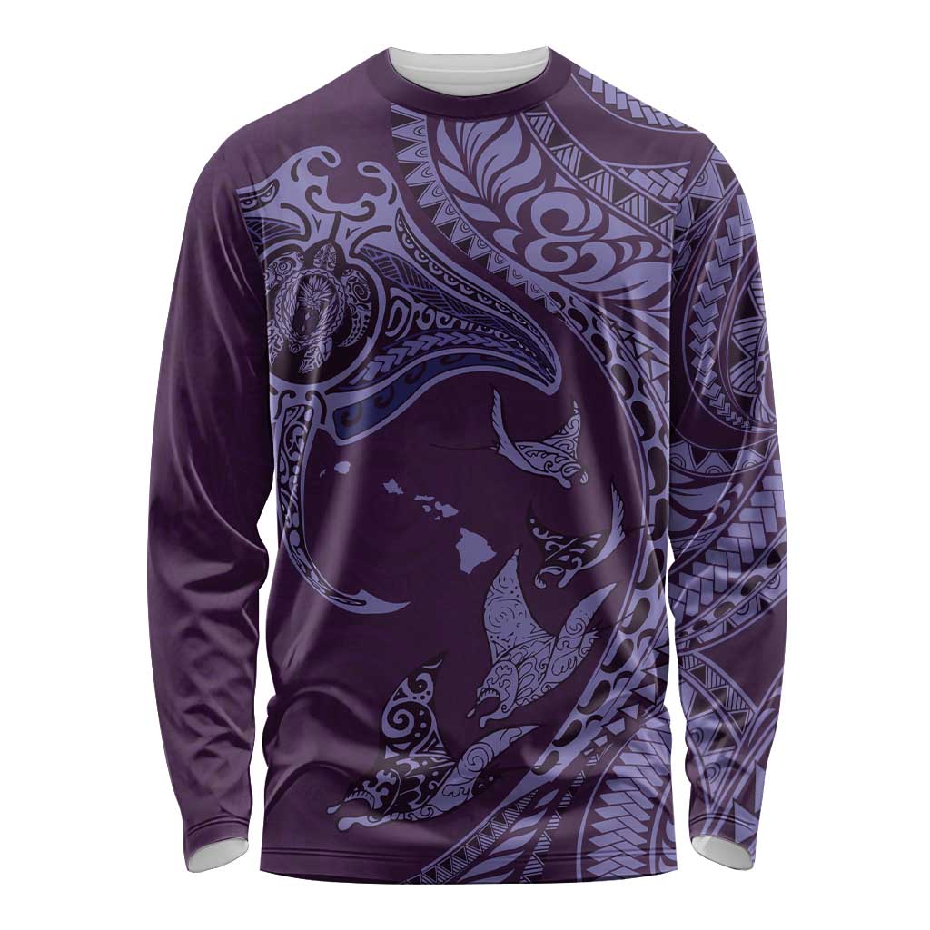 Hawaiian Manta Ray and Polynesian Tribal Tattoo Long Sleeve Shirt Purple Color LT03