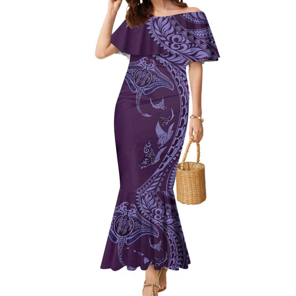 Hawaiian Manta Ray and Polynesian Tribal Tattoo Mermaid Dress Purple Color LT03