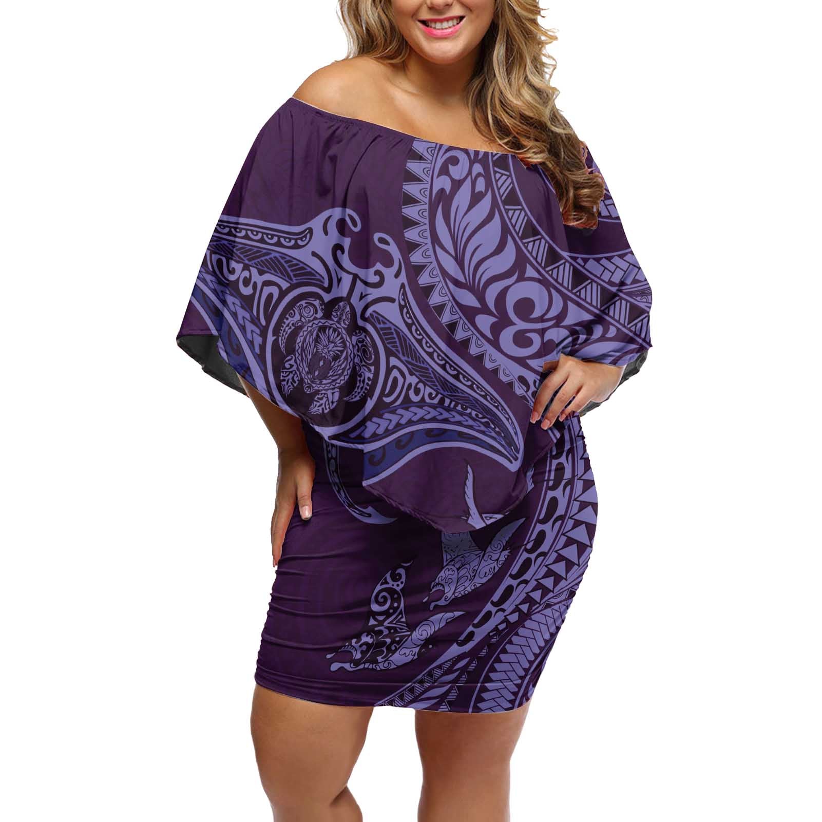 Hawaiian Manta Ray and Polynesian Tribal Tattoo Off Shoulder Short Dress Purple Color LT03