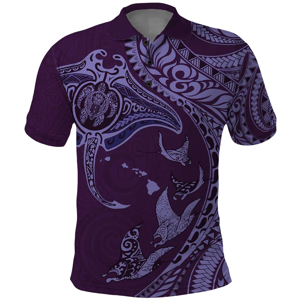 Hawaiian Manta Ray and Polynesian Tribal Tattoo Polo Shirt Purple Color LT03
