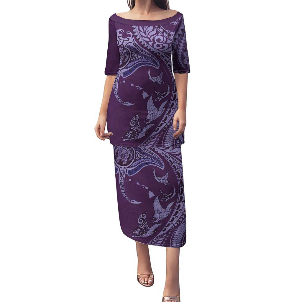 Hawaiian Manta Ray and Polynesian Tribal Tattoo Puletasi Purple Color LT03 Long Dress Purple - Polynesian Pride