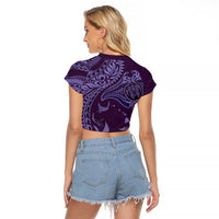 Hawaiian Manta Ray and Polynesian Tribal Tattoo Raglan Cropped T Shirt Purple Color LT03