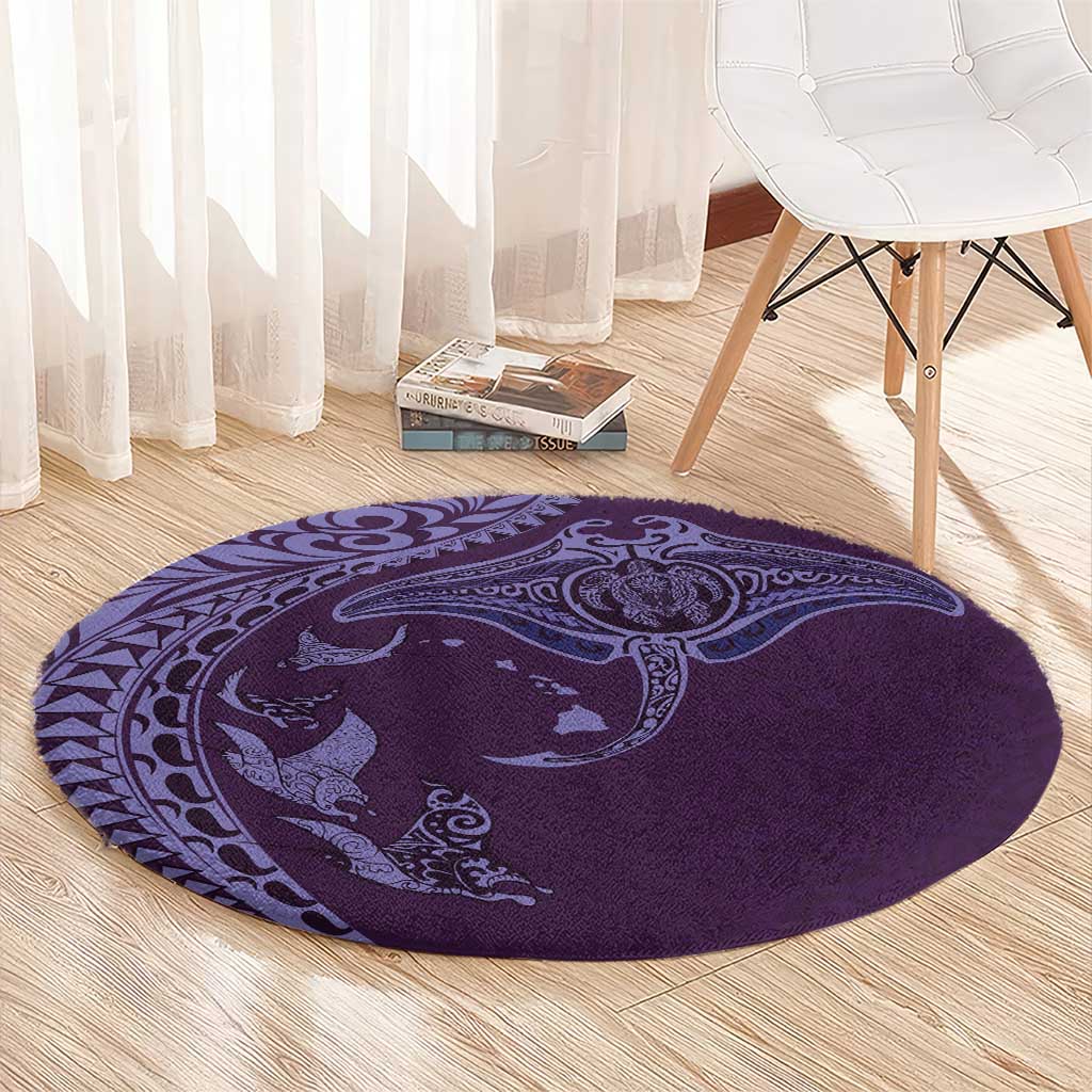 Hawaiian Manta Ray and Polynesian Tribal Tattoo Round Carpet Purple Color LT03
