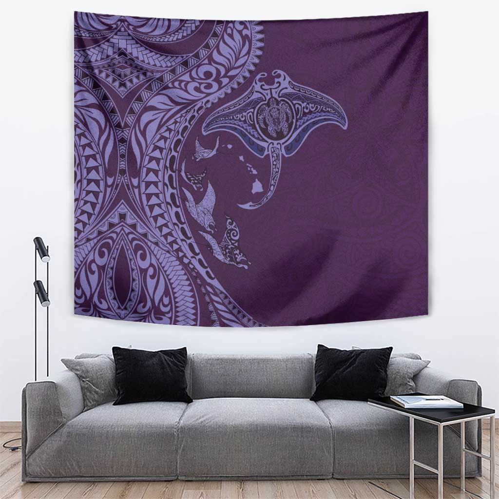 Hawaiian Manta Ray and Polynesian Tribal Tattoo Tapestry Purple Color LT03