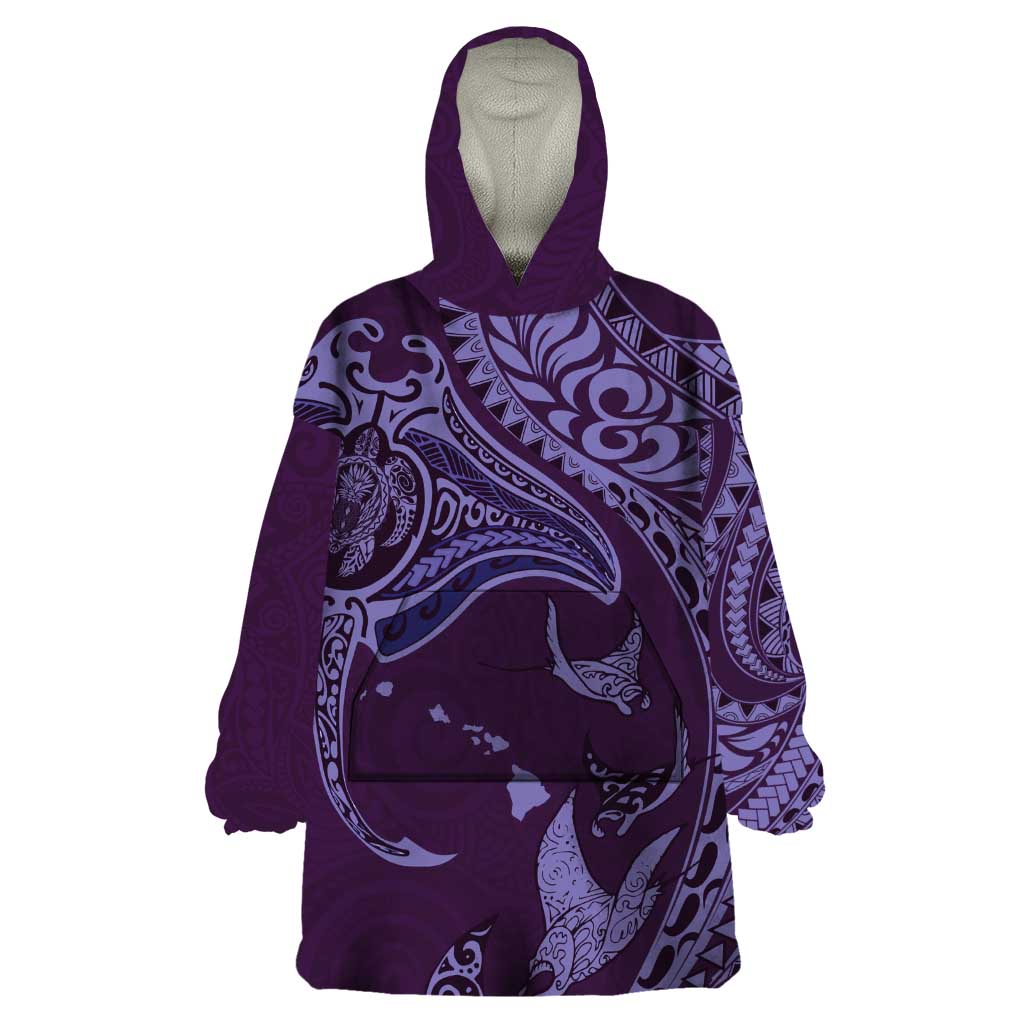 Hawaiian Manta Ray and Polynesian Tribal Tattoo Wearable Blanket Hoodie Purple Color LT03 One Size Purple - Polynesian Pride