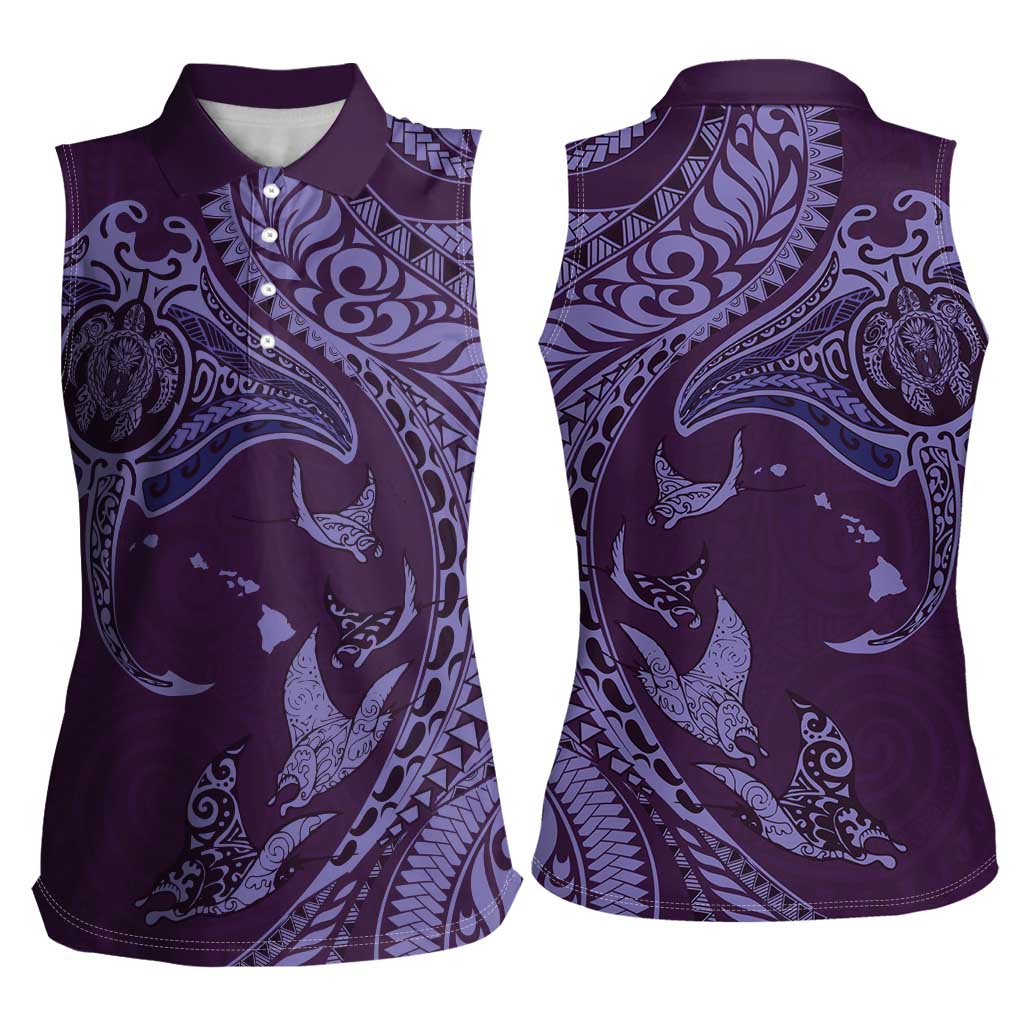 Hawaiian Manta Ray and Polynesian Tribal Tattoo Women Sleeveless Polo Shirt Purple Color LT03