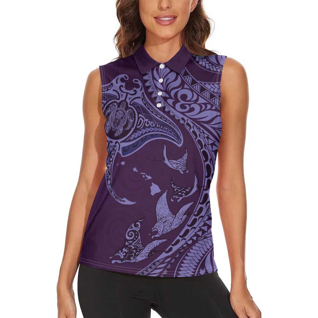 Hawaiian Manta Ray and Polynesian Tribal Tattoo Women Sleeveless Polo Shirt Purple Color LT03